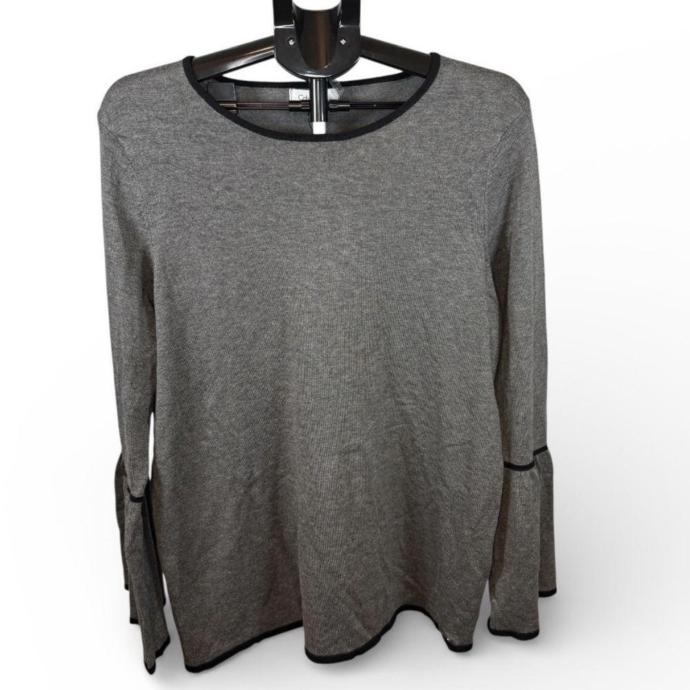 Calvin‎ Klein Womens Grey Bell Sleeve Knit Top Black Trim C7JSP042 NEW